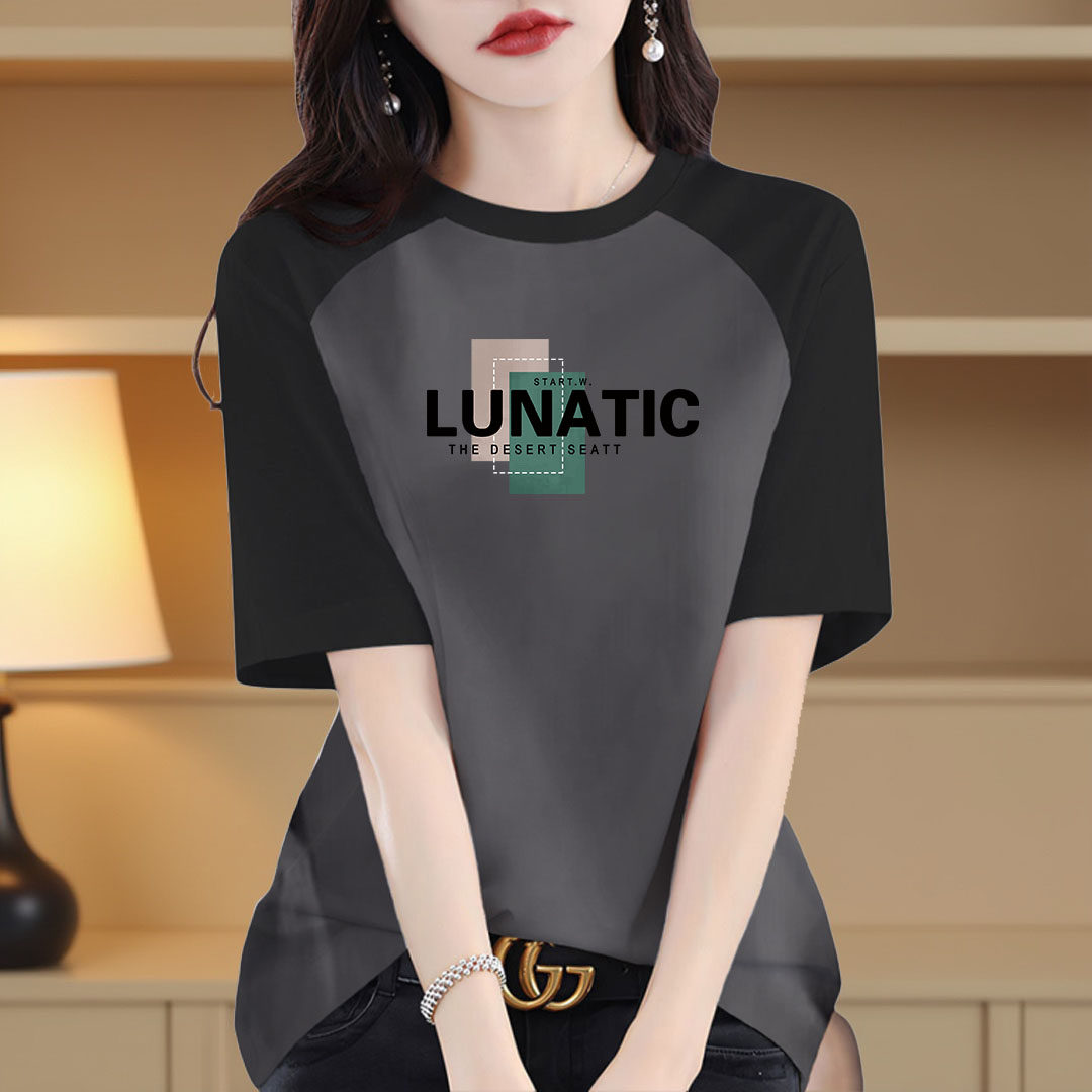 时尚拼色纯棉短袖t恤女大码上衣