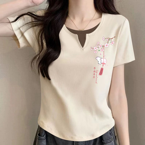 纯棉假两件上衣女拼色t衫短袖t恤