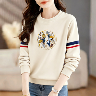 新款 遮肉显瘦打底衫 时尚 卫衣女拼色两条杠T恤衫 上衣 印花长袖 秋季