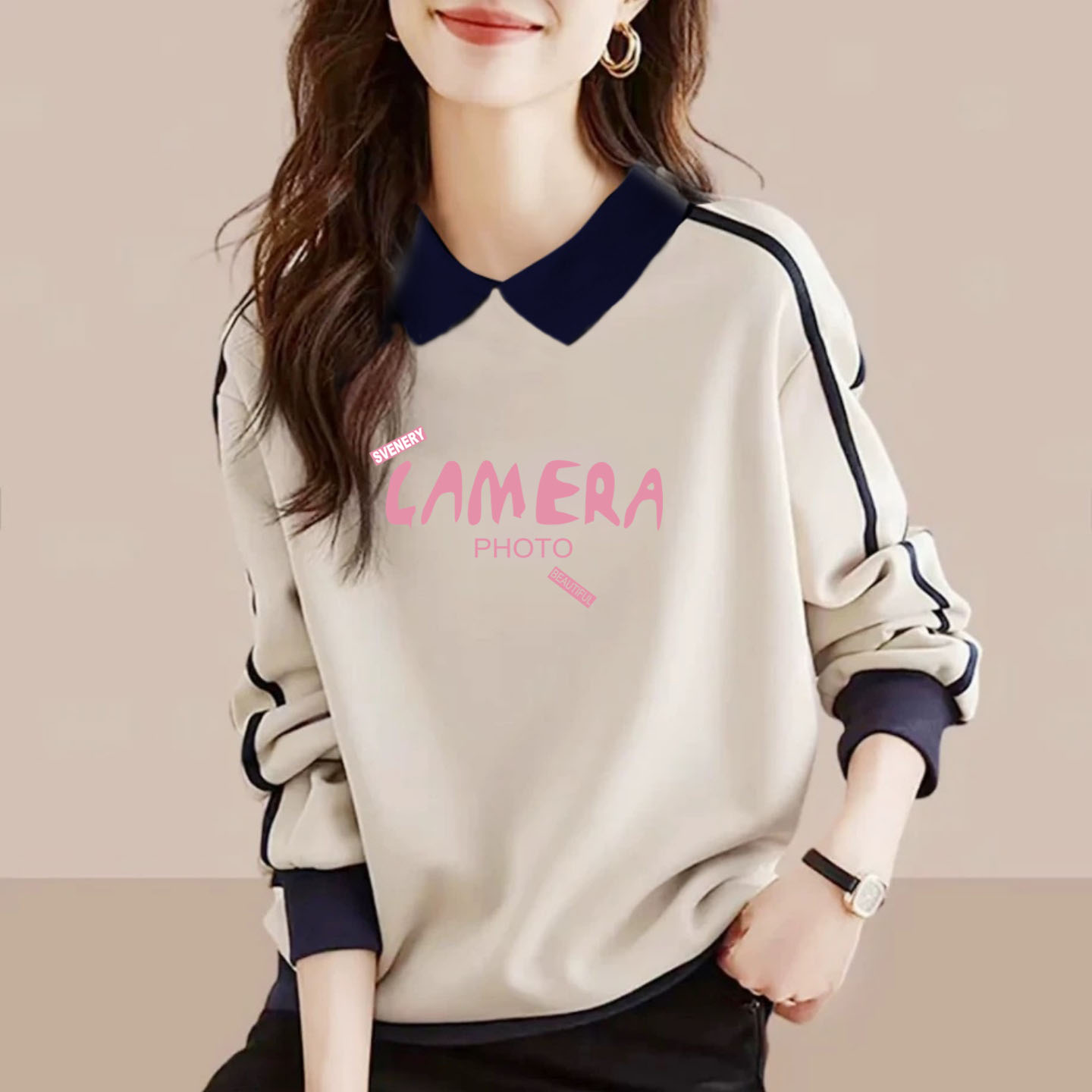 纯棉卫衣女polo领撞色上衣打底衫