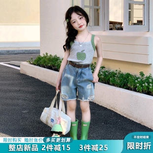 2026春夏儿童背心洋气宝宝热裤 女童韩版 卡通吊带上衣破洞牛仔短裤
