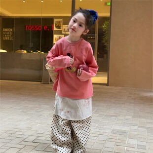 女童春装卡通长袖T恤套装女宝宝米奇上衣春秋波点裤儿童装两件套t