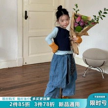 女童套装2025秋季新款儿童简约马甲打底衫背心小女孩休闲牛仔裙裤