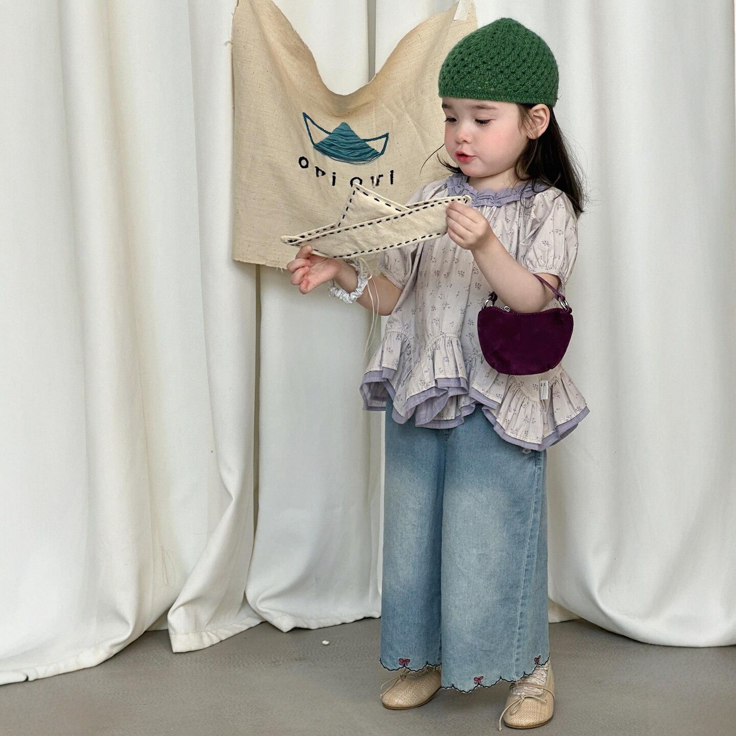 女童韩系甜美碎花不规则荷叶边娃娃衫短袖上衣儿童牛仔阔腿裤套装