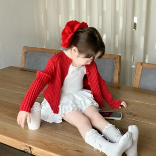 韩版少女感红色针织开衫26春季新款儿童蛋糕短裙女童慵懒上衣套装
