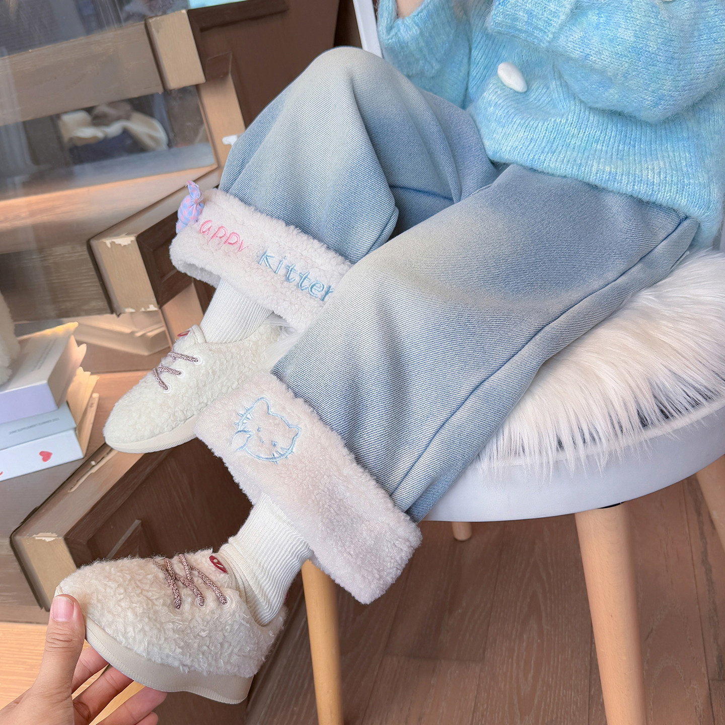 新款女童一体绒牛仔裤女宝宝加绒加厚裤子儿童秋冬季保暖过冬长裤