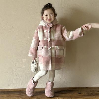 女宝粉格子加绒呢大衣外套