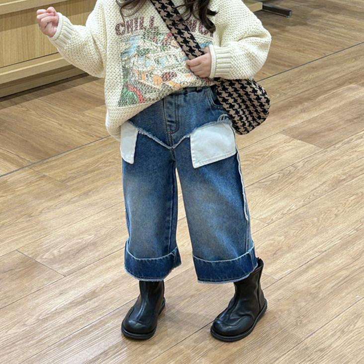 儿童拼接长款牛仔裤子