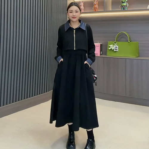 通勤风气质假两件收腰连衣裙子女