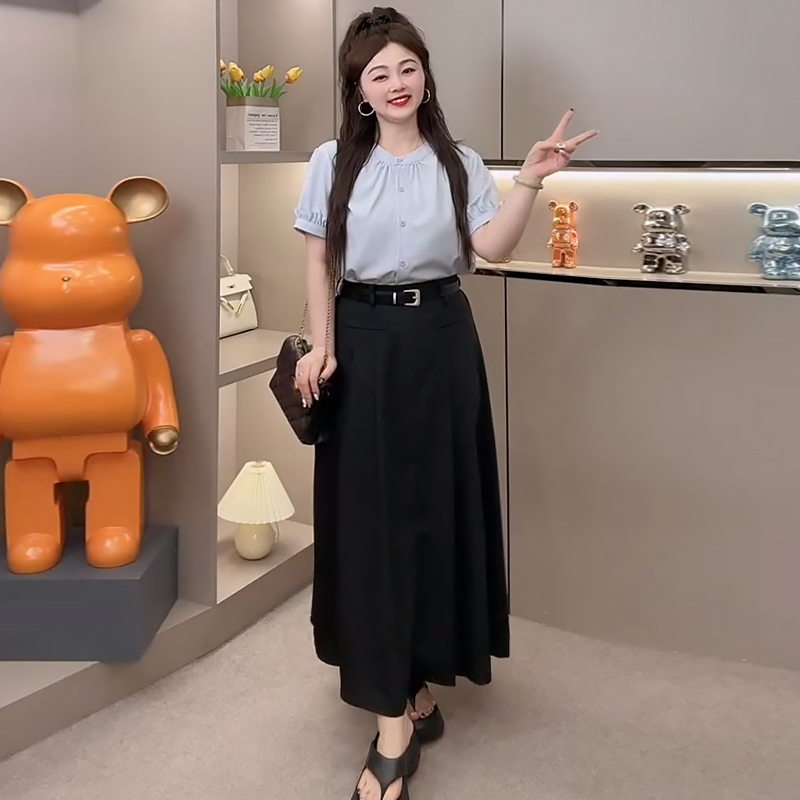 法式淑女风短袖衬衫高腰半身裙子