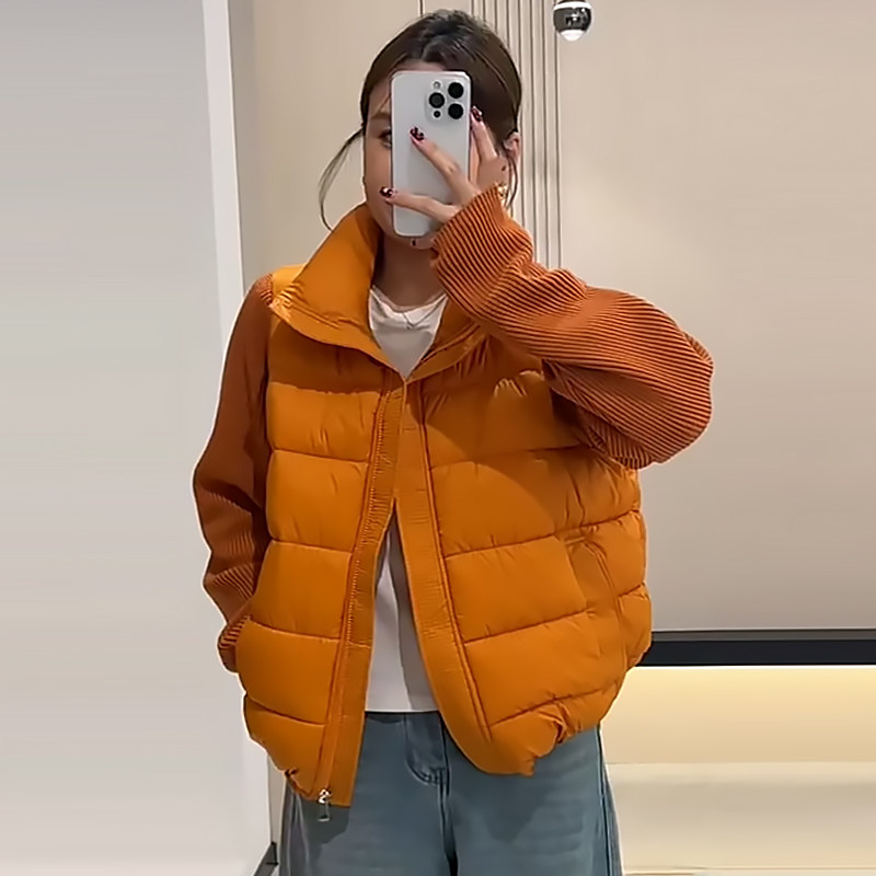 拼针织袖立领排骨棉服女外套胖mm2026秋冬季新款宽松显瘦大码女装