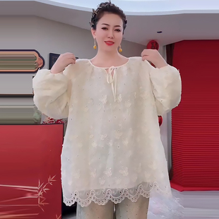 镂空花边系带领口蕾丝衫女上衣胖mm2026春季新款宽松大码显瘦女装