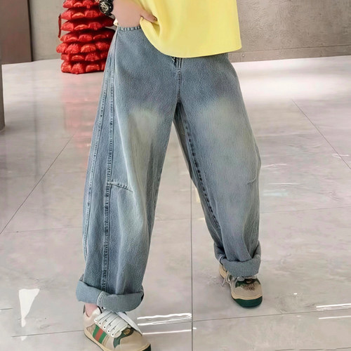 AB兜撞色牛仔老爹裤复古弯刀裤潮