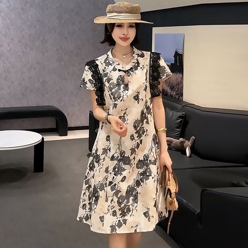 蕾丝花边短袖复古女裙子连衣裙潮
