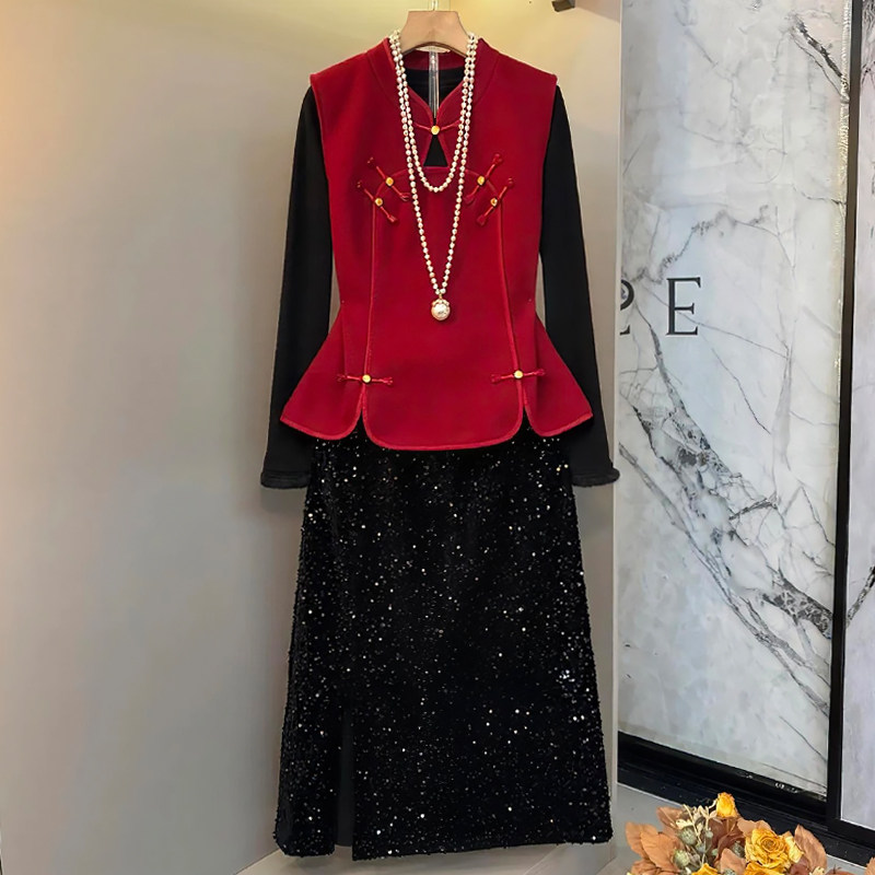 国风盘扣马甲亮片半身裙打底衫套装胖mm2026春冬显瘦宽松大码女装,女装/女士精品,大码套装,淘宝优惠券,粉丝福利购,淘宝优惠卷