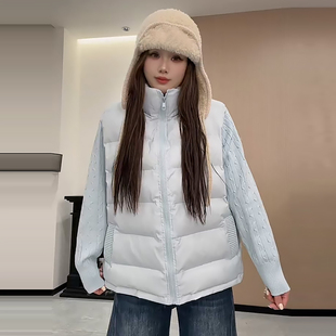 针织袖拼接立领棉服女简约外套胖mm2025冬季新款宽松显瘦大码女装