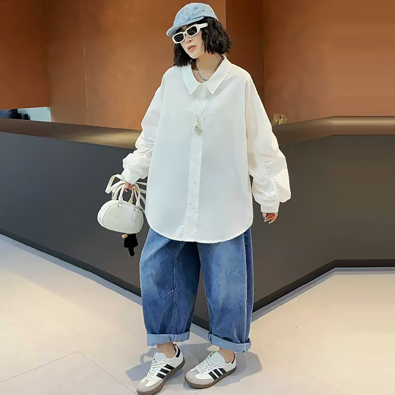 简约净版衬衫女高腰牛仔哈伦裤胖mm2026春冬新款显瘦宽松大码女装,女装/女士精品,大码套装,淘宝优惠券,粉丝福利购,淘宝优惠卷