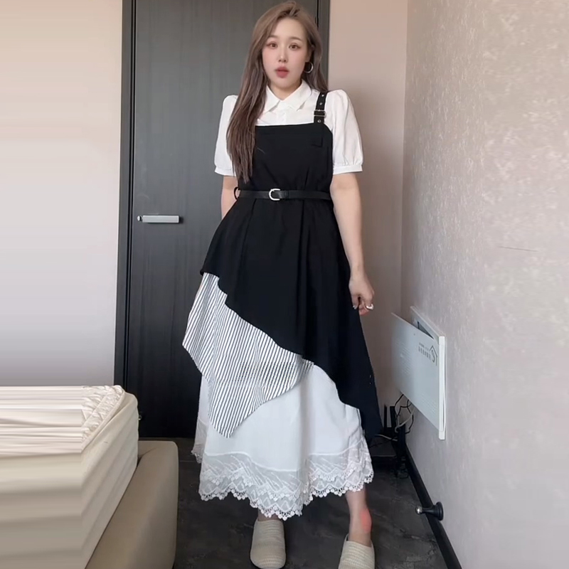 韩系不规则背带裙衬衫半身裙套装胖mm2025夏季款显瘦宽松大码女装