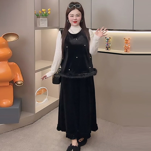 蕾丝衫丝绒羽毛钉珠马甲半身裙胖mm2025冬季新款显瘦宽松大码女装