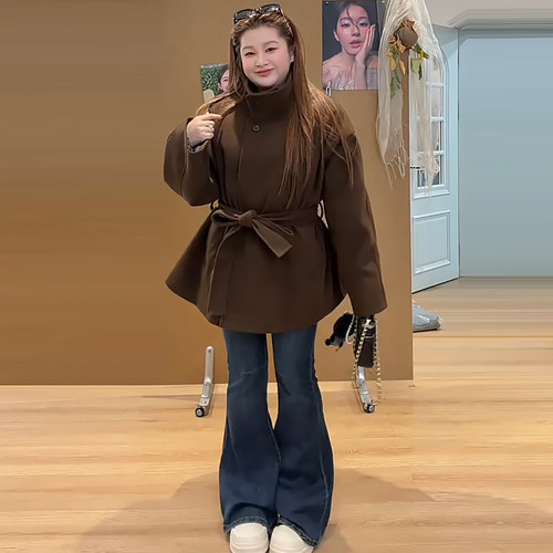 赫本风双面呢绑带外套女牛仔裤潮