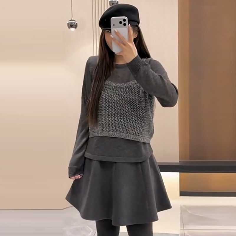 假两件针织上衣女毛呢半身裙时尚胖mm2025冬季新显瘦宽松大码女装,女装/女士精品,大码套装,淘宝优惠券,粉丝福利购,淘宝优惠卷