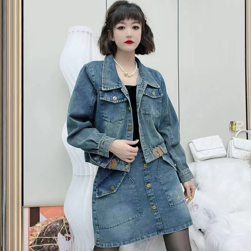 翻领牛仔外套女半身裙子套装微胖mm2026春季新款显瘦宽松大码女装