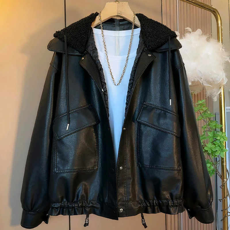 韩系夹棉PU皮衣女连帽遮肉外套胖mm显瘦2025冬季新款宽松大码女装,女装/女士精品,常规大码外套,淘宝优惠券,粉丝福利购,淘宝优惠卷