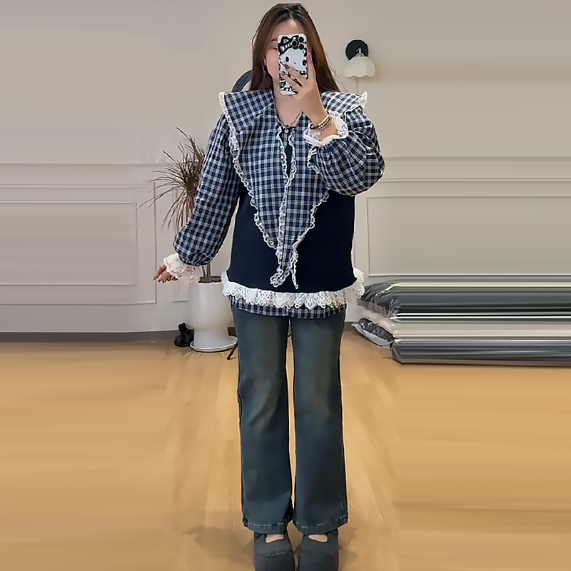 海军领蕾丝拼接格子衬衫女马甲潮