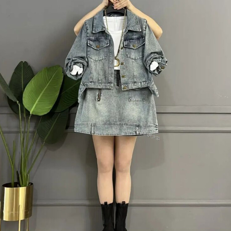 做旧牛仔外套女半身裙套装微胖mm2026春季显瘦新款宽松大码女装潮