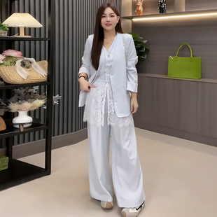 蕾丝拼接马甲西服外套裤子套装胖mm2026春季新款显瘦宽松大码女装