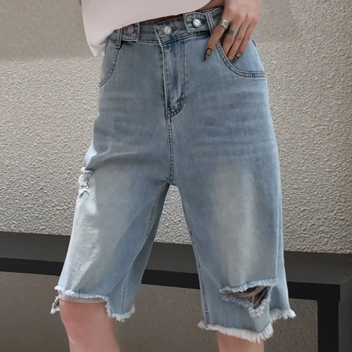 夏季做旧高腰破洞牛仔短裤休闲裤