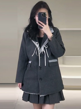 拼蕾丝呢子西服外套百褶裙套装潮