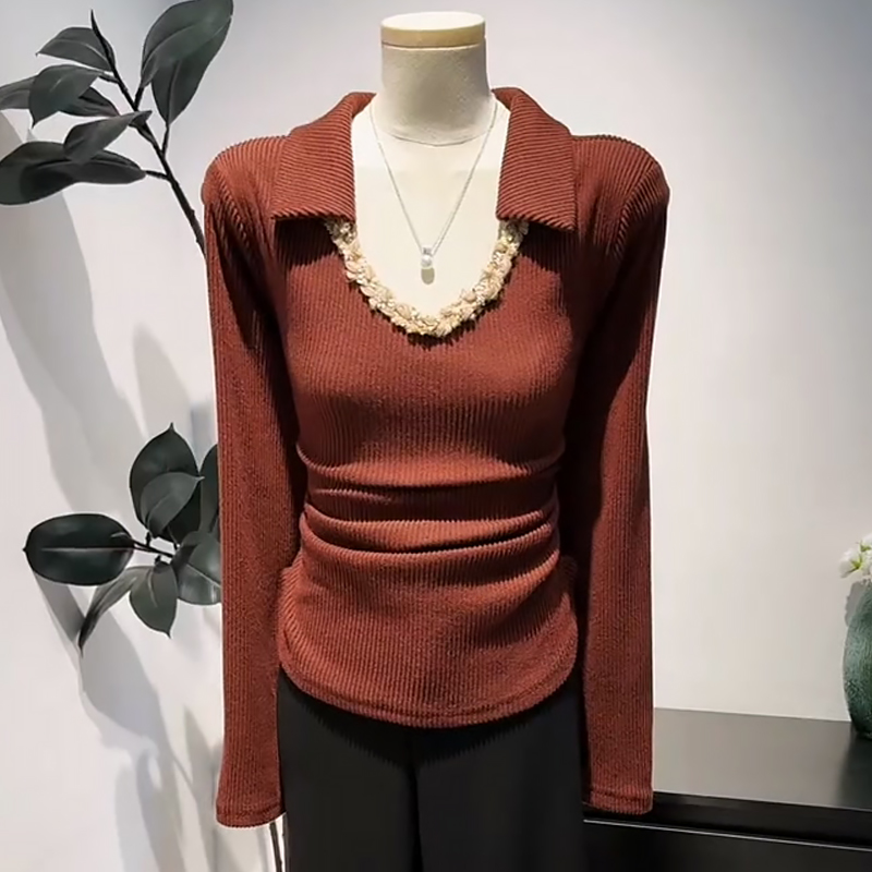 设计感纯欲风打底衫磨毛翻领小衫