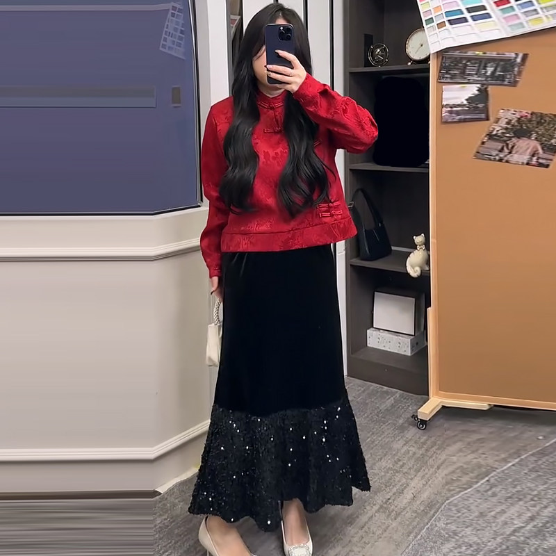 新中式提花盘扣上衣亮片半身裙胖mm2026春冬新款显瘦宽松大码女装,女装/女士精品,大码套装,淘宝优惠券,粉丝福利购,淘宝优惠卷