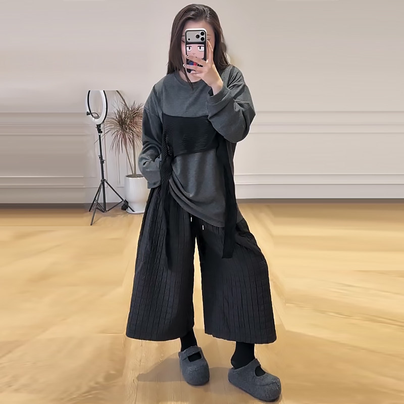 撞色拼接吊带假两件上衣八分裤胖mm2026春冬新款显瘦宽松大码女装,女装/女士精品,大码套装,淘宝优惠券,粉丝福利购,淘宝优惠卷