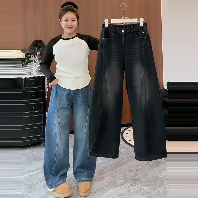 加绒女裤做旧水洗弯刀牛仔裤子潮