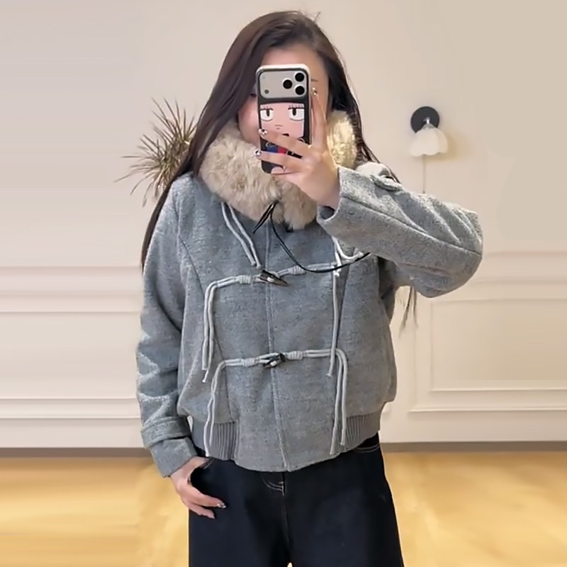 复古牛角扣加棉毛呢外套毛毛围巾胖mm显瘦2026春冬新宽松大码女装,女装/女士精品,常规大码外套,淘宝优惠券,粉丝福利购,淘宝优惠卷