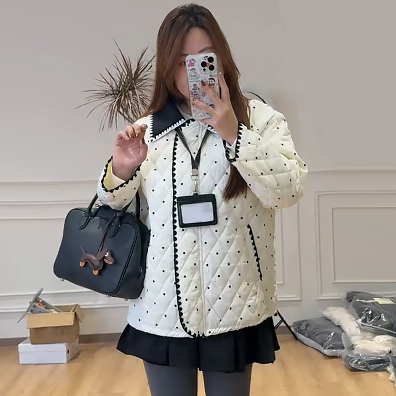 翻领甜美风波点棉服加厚夹棉外套