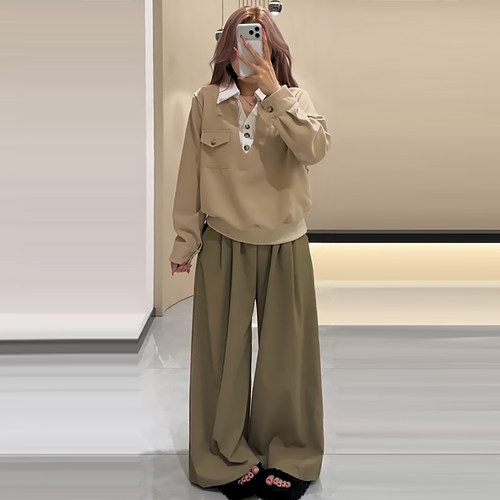 韩系假两件衬衫拼接上衣阔腿裤子