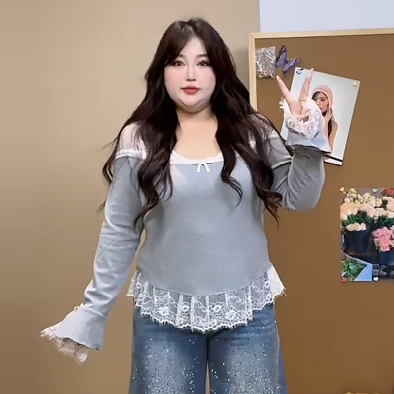 烫钻网纱蕾丝拼接打底衫上衣女胖mm2026春冬新款宽松大码显瘦女装,女装/女士精品,大码内搭,淘宝优惠券,粉丝福利购,淘宝优惠卷