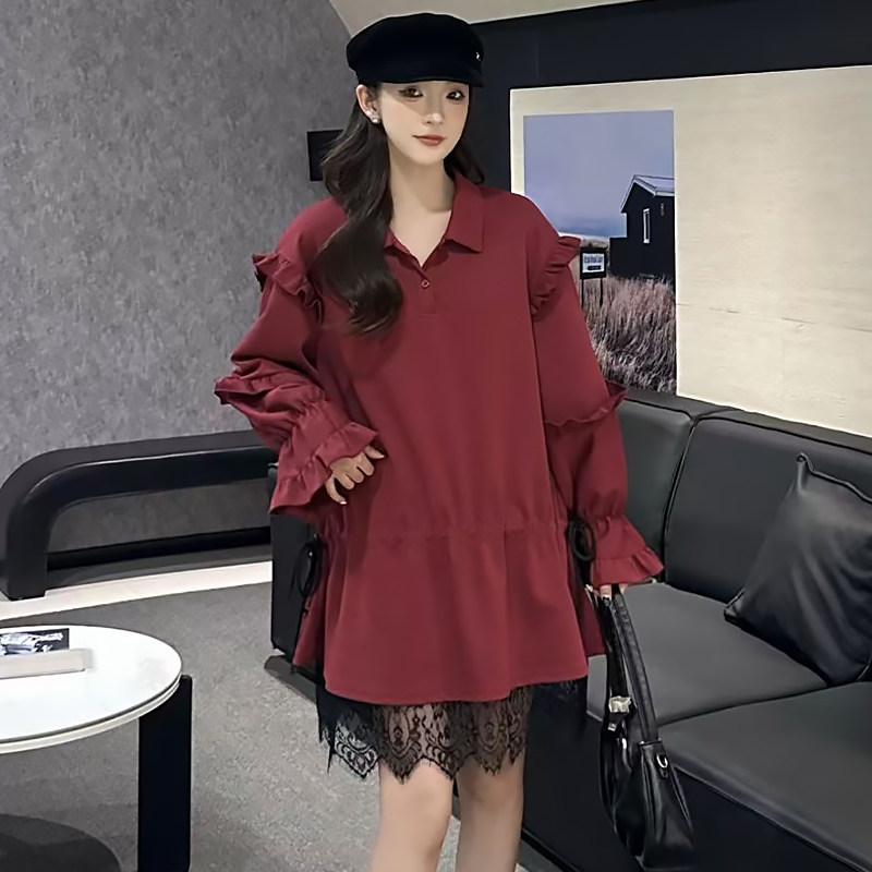 蕾丝拼接复古POLO领喇叭袖卫衣胖mm2026春冬新款宽松大码显瘦女装,女装/女士精品,大码内搭,淘宝优惠券,粉丝福利购,淘宝优惠卷