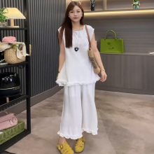 设计感后背开扣上衣花边裤子套装胖mm2025夏季款显瘦宽松大码女装