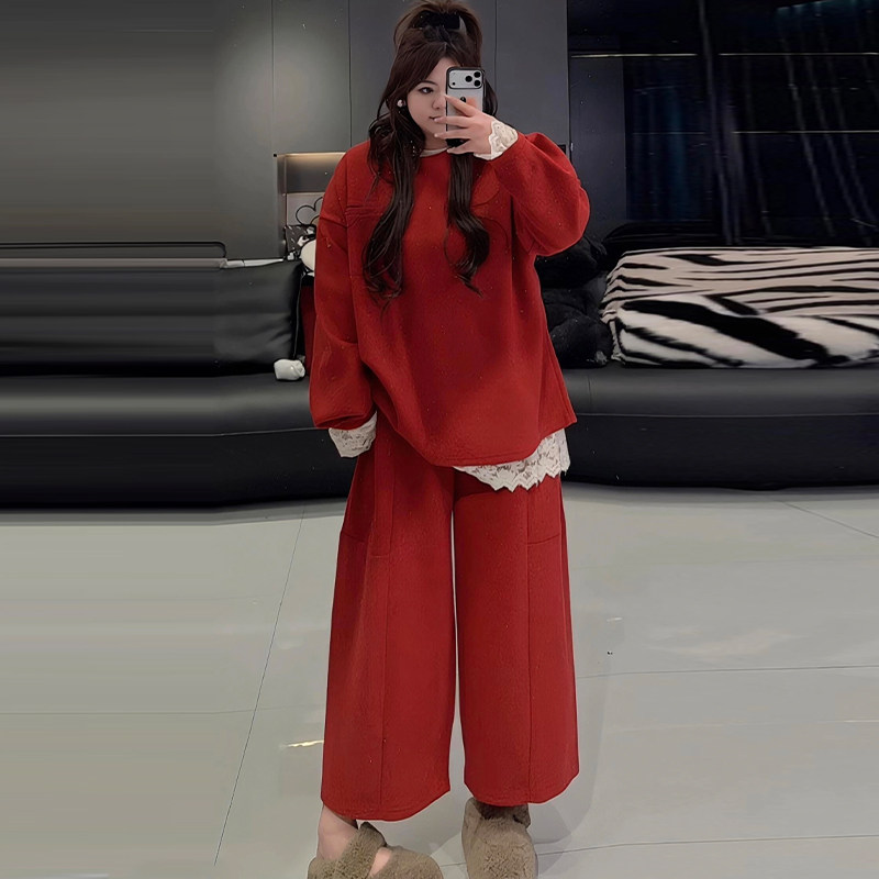 韩版个性大码卫女休闲裤蕾丝衫套装胖mm2025冬季新款显瘦宽松女装