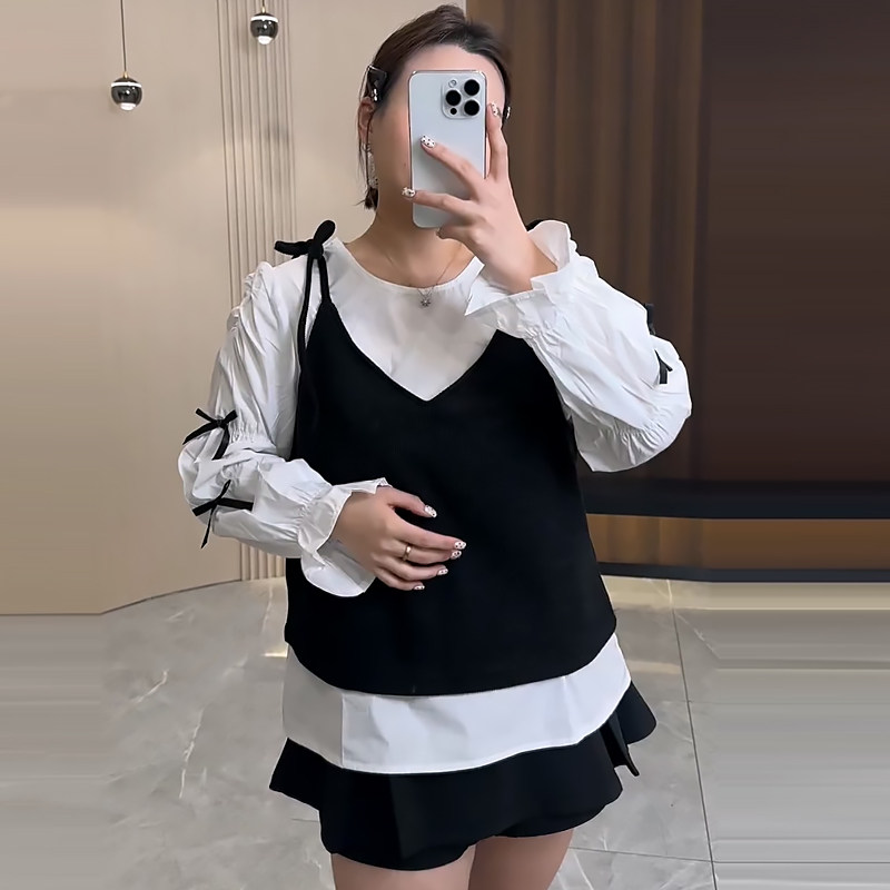 蝴蝶结泡泡袖衬衫针织吊带上衣胖mm2026春冬新款显瘦宽松大码女装,女装/女士精品,大码套装,淘宝优惠券,粉丝福利购,淘宝优惠卷