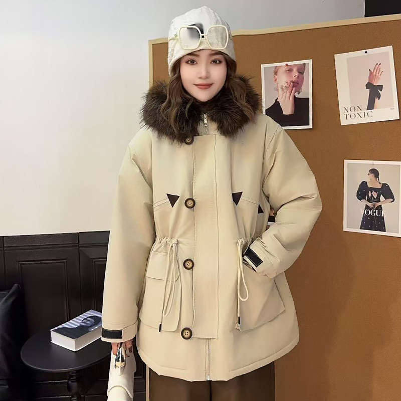 加棉加绒毛领外套小清新抽绳上衣胖mm显瘦2025冬季款宽松大码女装,女装/女士精品,常规大码外套,淘宝优惠券,粉丝福利购,淘宝优惠卷