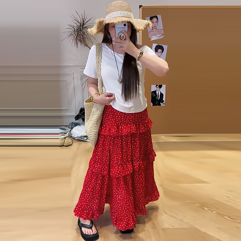 漏肩短袖T恤不规则开叉碎花半身裙胖mm2026夏季显瘦宽松大码女装