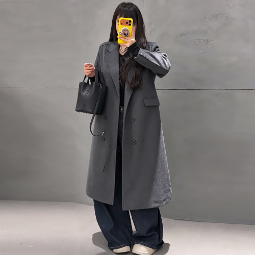 大码韩系长款毛呢大衣女气质外套