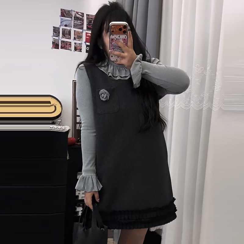 韩系花边打底衫毛呢背心裙套装胖mm2025冬季新款显瘦宽松大码女装,女装/女士精品,大码套装,淘宝优惠券,粉丝福利购,淘宝优惠卷