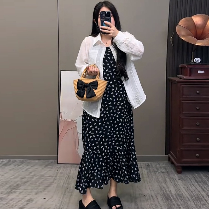 休闲百搭衬衫碎花吊带连衣裙套装
