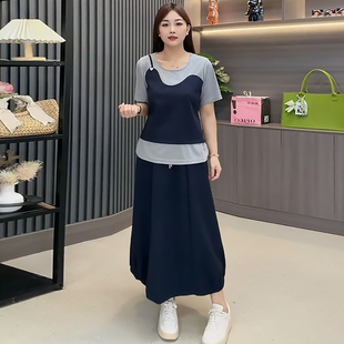 撞色拼接短袖上衣半身裙子套装胖mm2026夏季新款显瘦宽松大码女装